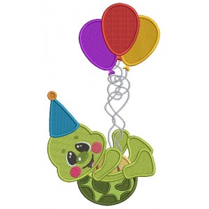 Cute Little Turtle With Birthday Balloons Filled Machine Embroidery Design Digitized Pattern